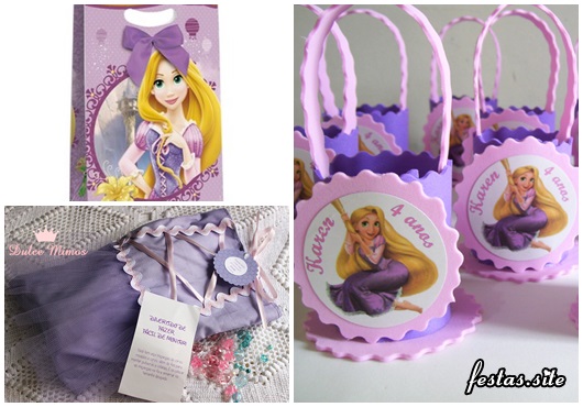Festa Rapunzel modelos de lembrancinha porta doces, saquinho surpresa no formato de vestido e sacolinha personalizada