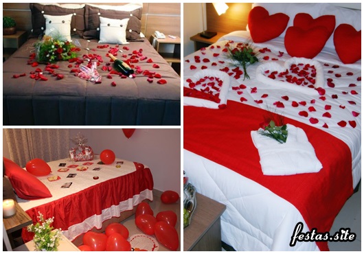 Presente Dia dos Namorados noite romântica quarto decorado com pétalas
