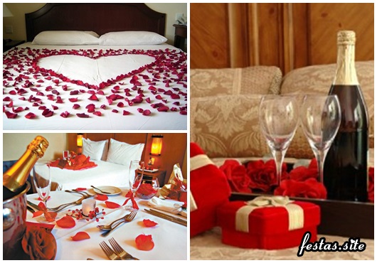 Presente Dia dos Namorados quarto decorado com pétalas e presentes