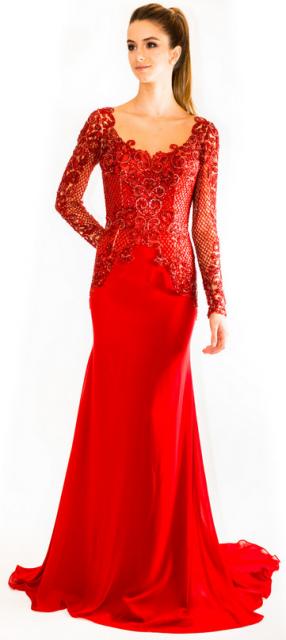 Vestido de Formatura Vermelho com renda do quadril até o busto