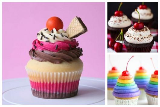 Cupcakes com cerejas no topo.