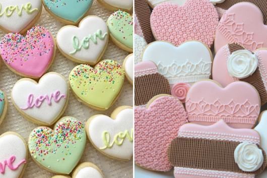 Biscoitos Decorados românticos no formato de corações coloridos com a palavra love