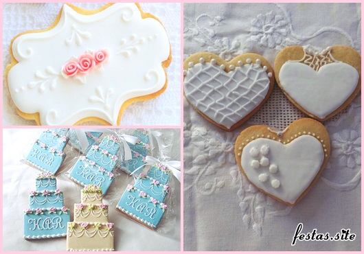 Biscoitos Decorados para casamento no formato de coração com renda