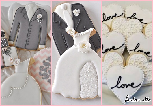 Biscoitos Decorados para casamento no formato de roupa dos noivos