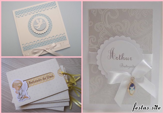 Convite de Batizado branco e azul com lacinho de fita de cetim