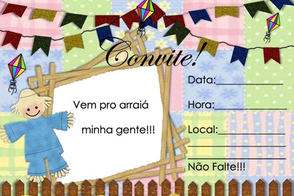 Convite Festa Junina com fundo azul, rosa e verde