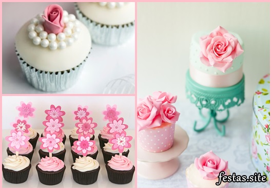 Cupcakes Decorados com aplique de pasta americana e topper de flores