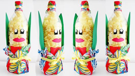 Decoração Festa Junina garrafa pet com pipoca