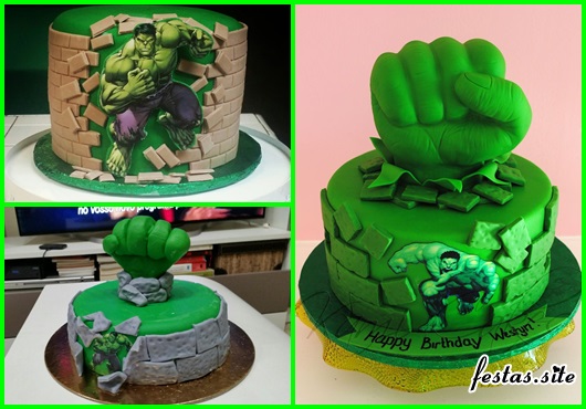 Festa do Hulk modelos de bolo decorado com pasta americana e aplique de papel arroz