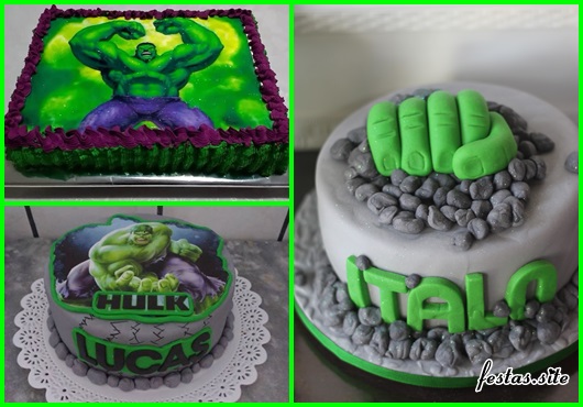 Festa do Hulk modelos de bolo decorados com pasta americana cinza e papel arroz