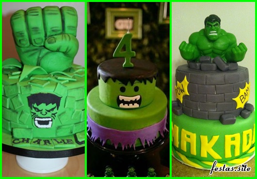 Festa do Hulk modelos de bolo decorado com pasta americana verde e topo no formato de punho