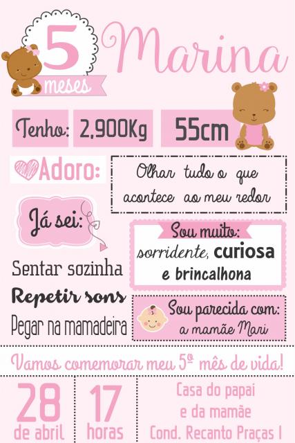 Mesversário Convite cartão rosa ursinha