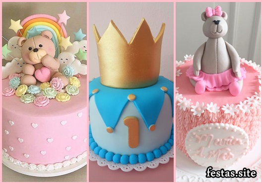 Mesversário bolos decorados ursinho rosa e príncipe