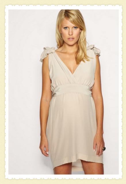 Vestido de Festa para Gestante bege curto com laço na manga