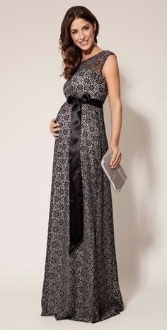 Vestido de Festa para Gestante preto e branco longo com laço de fita
