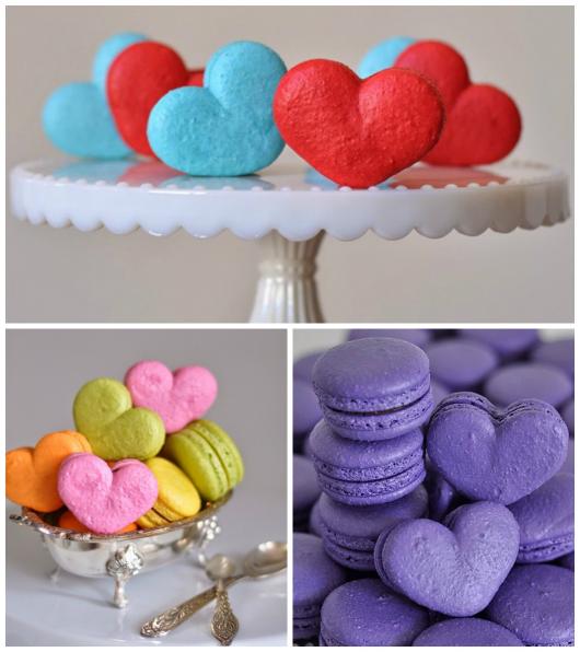 como fazer macarons decorados com formato de coração azul e vermelho