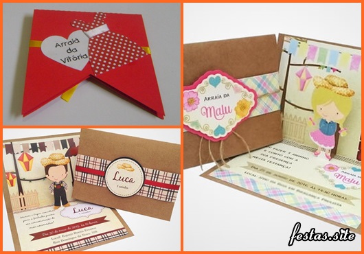 Convite Festa Junina com formato de bandeirinha vermelha e aplique de vestido