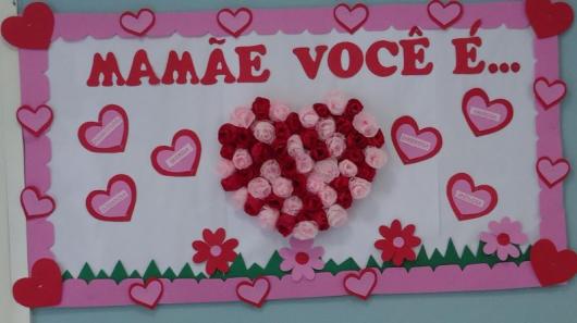 Decoração Dia das Mães com painel com coração de flores de EVA