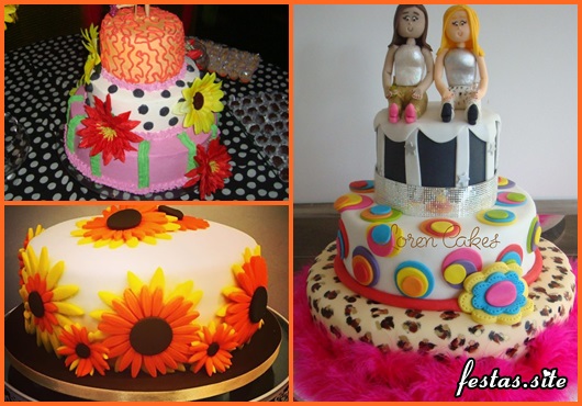 Festa Brega modelo de bolo brega com pasta americana branca e aplique de girassóis