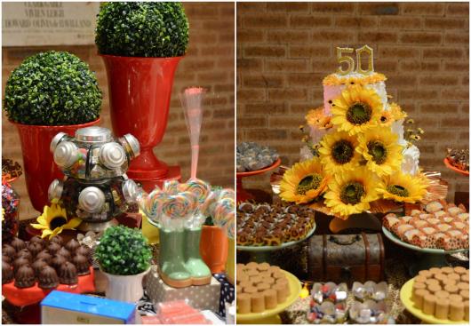 Festa Brega modelo de decoração com bolo fake decorado com girassóis