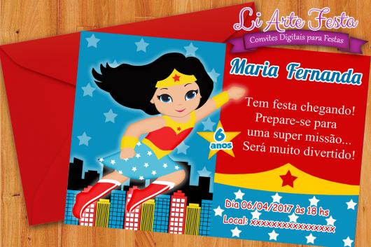 Festa Mulher Maravilha convite cartão com envelope vermelhol