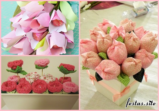 Lembrancinha Dia das Mães arranjo de flores de tecido