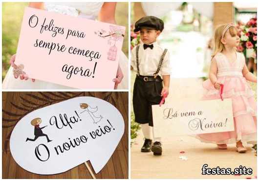 Plaquinhas para Festa de casamento com frase lá vem a noiva