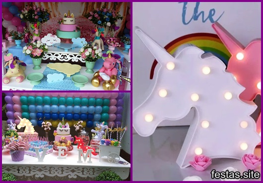 Enfeites de Unicórnio para festa: luminária e louças