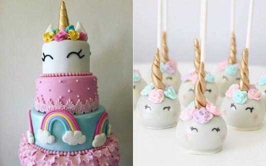 Enfeites de Unicórnio para festa: bolo e maça do amor
