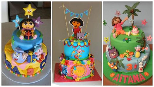 Montagem com três bolos Dora Aventureira.