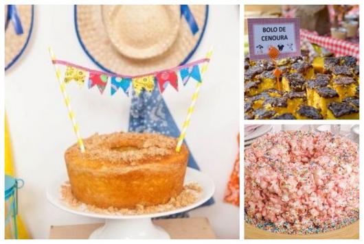 Montagem com três tipos de bolos para festa junina.