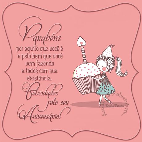 Mensagem de aniversário com desenho de menina segurando um cupcake grande.
