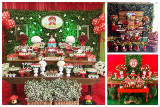Três exemplos de decoração para festa Chapeuzinho Vermelho.