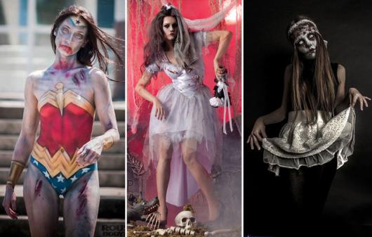 Fantasia de Halloween feminina assustadora de personagens ensanguentadas