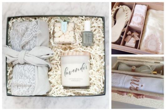 Montagem com três kits para madrinhas de casamento.