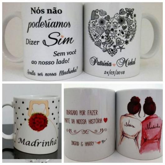 Três exemplos de canecas para lembrancinhas para madrinhas de casamento.