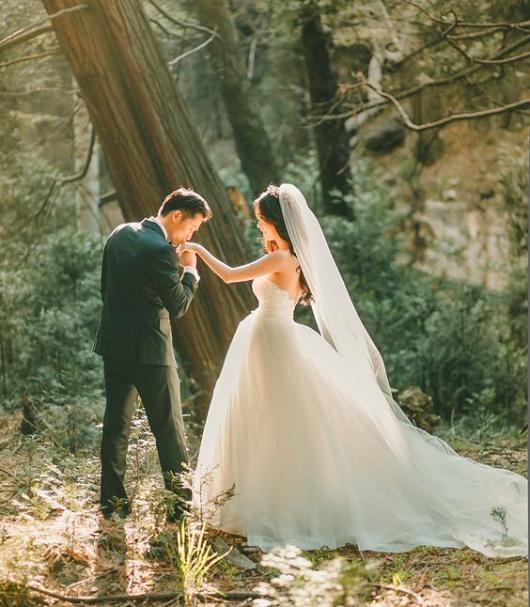 Foto de noivo beijando a mão da noiva em floresta.
