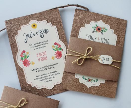 Convite de casamento rústico chique com laço de corda de sisal