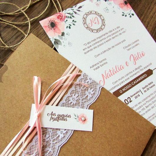Convite de casamento rústico romântico com laço rosa