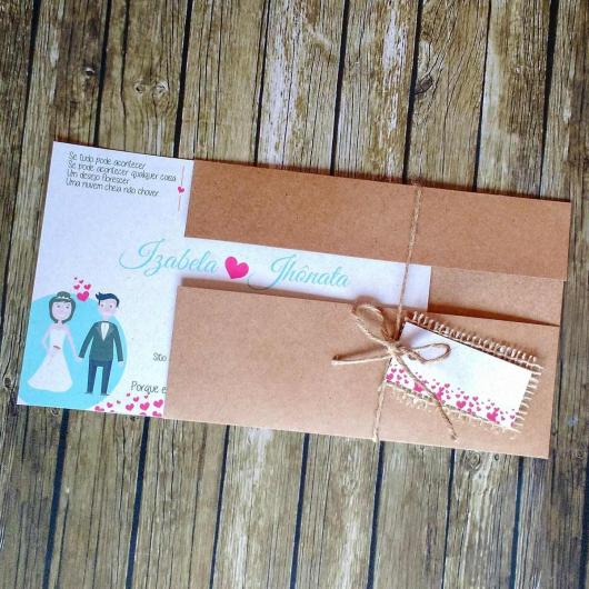 Convite de casamento rústico criativo com desenho dos noivos