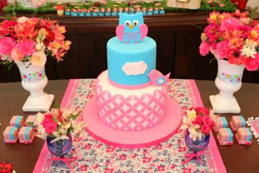 bolo festa da corujinha azul e rosa pink