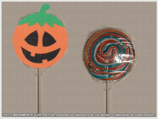 Lembrancinha de halloween pirulito com aplique de abóbora