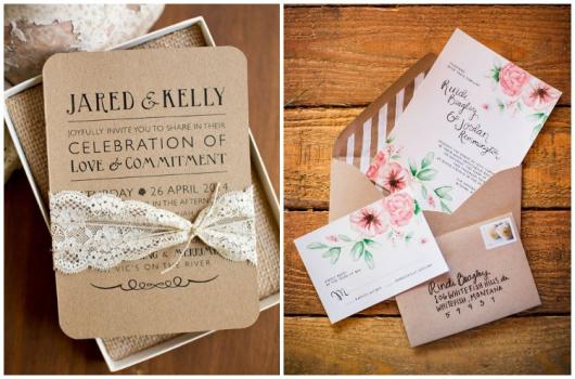 Papel para convite: convite de casamento em papel kraft com renda