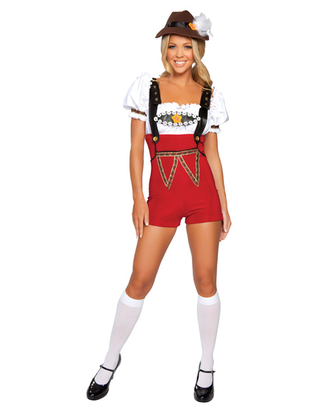 Look típico alemão feminino com salopete, blusa branca e chapéu