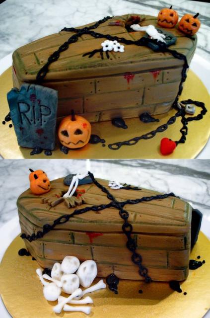 Bolo Halloween caixão marrom