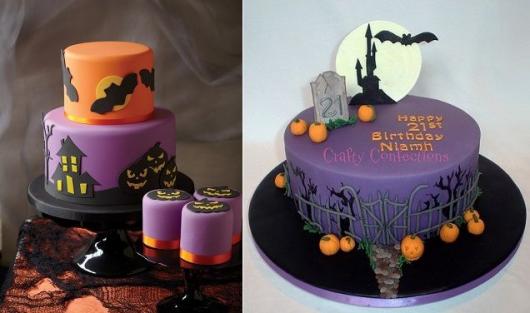Bolo Halloween decorado com pasta americana roxa