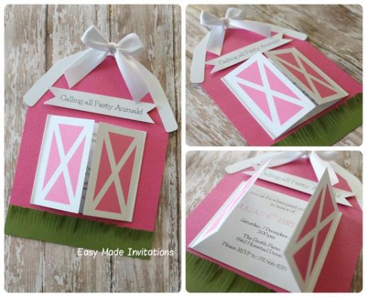 Festa fazendinha rosa: Convite com formato de celeiro