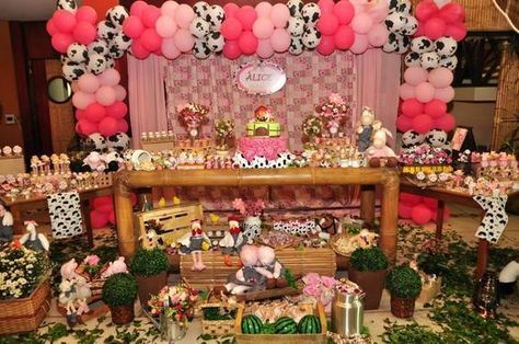 Festa fazendinha rosa decoração rústica com balões