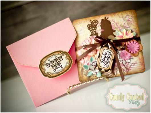 Convite Alice no País das Maravilhas: Rosa e dourado