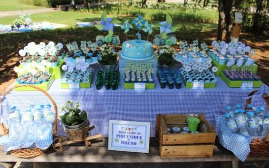 Festa no parque: decoração para chá de bebê com catavento azul